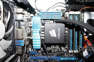 Computer Internals with Water Cooling Motherboard