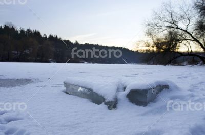 clear river ice in cold winter morning