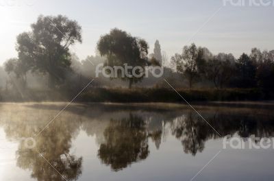 Foggy morning landscape in the autumn park near the lake.