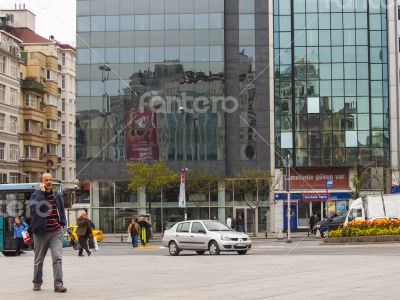  Typical type of modern building. Reflection in a mirror wall