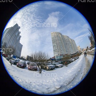 Winter city landscape of by fisheye view