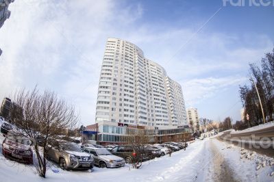Winter city landscape of by fisheye view