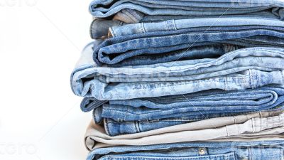 Jeans of indigo color on a show-window of shop