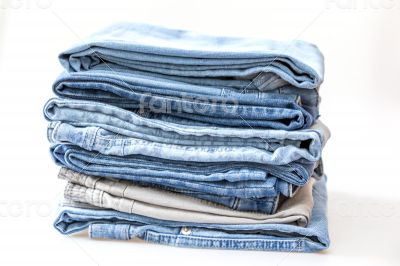 Jeans of indigo color on a show-window of shop