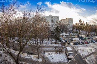 Winter city landscape by fisheye view