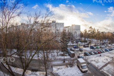 Winter city landscape by fisheye view