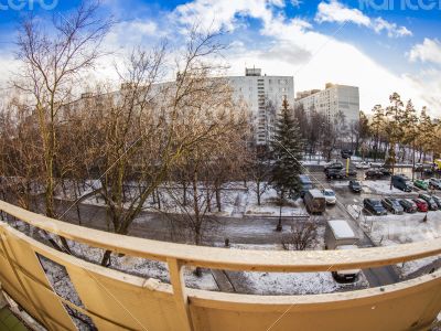 Winter city landscape by fisheye view