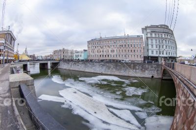 River embankment Moscow in the winter of by fisheye view.