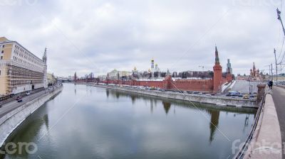 River embankment Moscow in the winter of by fisheye view.