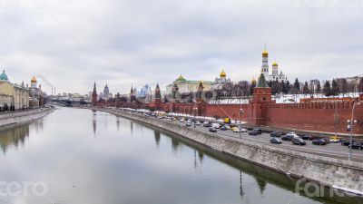 River embankment Moscow in the winter of by fisheye view.