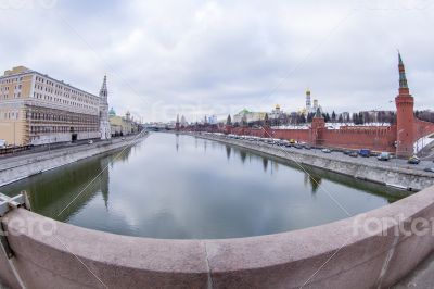 River embankment Moscow in the winter of by fisheye view.