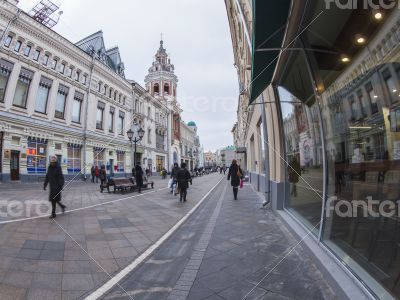 Moscow, Nikolskaya Street of by fisheye view
