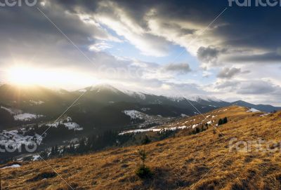 Winter evening mountain plateau landscape (Carpathian, Ukraine)