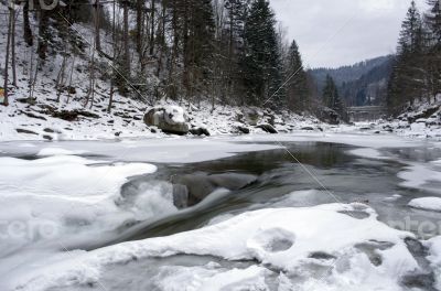 Ice covers rocks in a slow motion river in the winter 