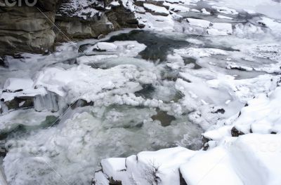 Ice covers rocks in a slow motion river in the winter 