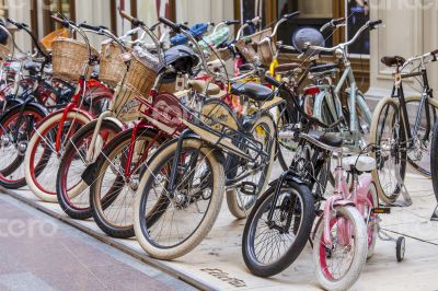 bicycles are exposed in a trading floor of GUM shop