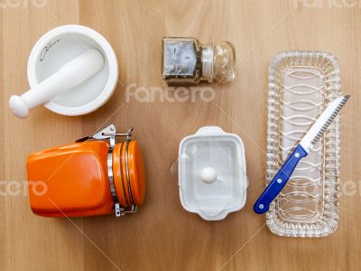 Multi-colored ceramic kitchen ware, top view