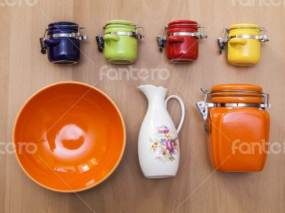 Multi-colored ceramic kitchen ware, top view