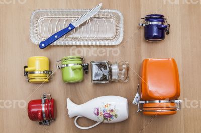 Multi-colored ceramic kitchen ware, top view