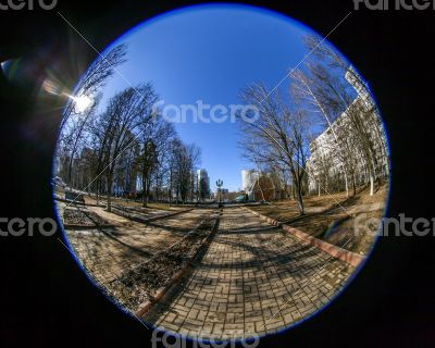 Pushkino, Russia. City spring landscape, fisheye view