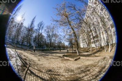 Pushkino, Russia. City spring landscape, fisheye view