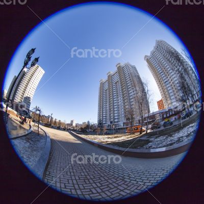 Pushkino, Russia. City spring landscape, fisheye view