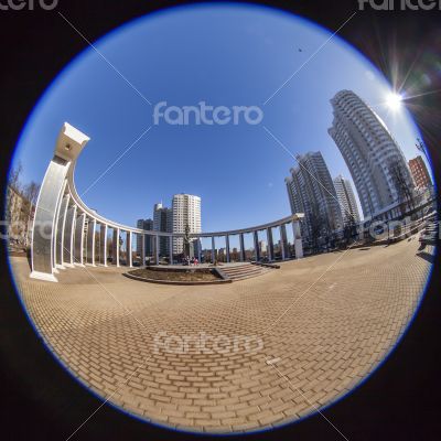 Pushkino, Russia. City spring landscape, fisheye view