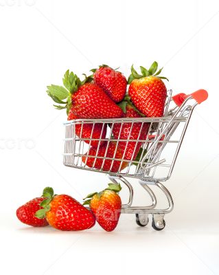 Large ripe strawberry in the cart for shopping