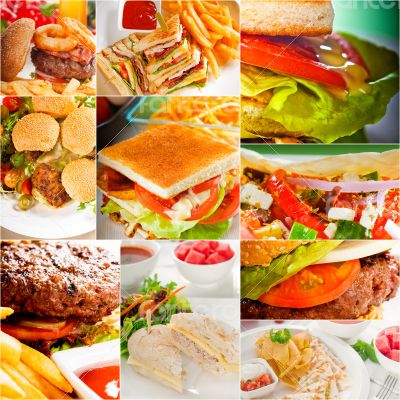 burgers and sandwiches collection on a collage