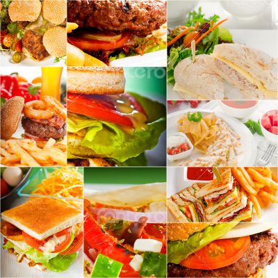 burgers and sandwiches collection on a collage