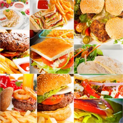 burgers and sandwiches collection on a collage