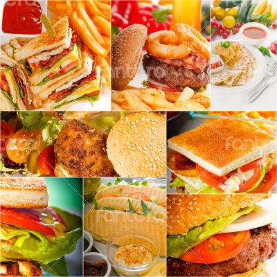 burgers and sandwiches collection on a collage