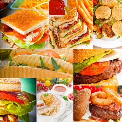 burgers and sandwiches collection on a collage