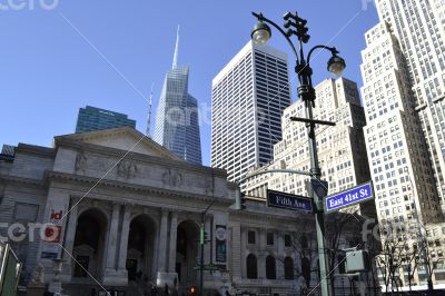 NY public library façade with Bryant park on the background