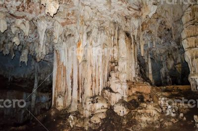 Stalactite and stalagmite in Tham Lod cave