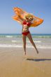 beach, girl, ocean, sea, sand, sun, jump