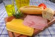 Snack with bread, cheese, ham and juice