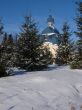 Winter snowy landscape with fur-trees and church