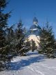 Winter snowy landscape with fur-trees and church