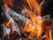 Flaming wooden coal logs of camping fireplace