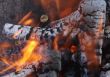 Flaming wooden coal logs of camping fireplace