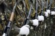 Row of uniformed weaponed soldiers