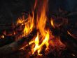 Flaming wooden coal logs of camping fireplace