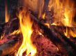 Flaming wooden coal logs of camping fireplace