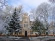 Snowy winter town square cityscape