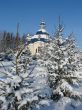 Winter snowy landscape with fur-trees and church