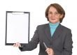 business woman with glasses showing folder