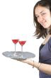 Casual woman holding a wine tray