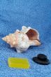 Bath accessories on blue background