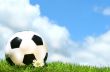 Soccerball with daisy against a blue sky